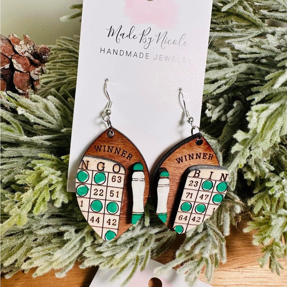 Nicole Wooden Bingo Earrings with Pink Accents